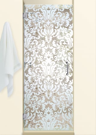 Shower Door featuring Frosted Glass Design Etched Glass by Sans Soucie Art Glass with Custom Traditional Design Renaissance