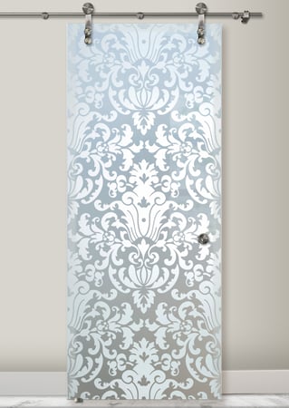 Glass Barn Door featuring Frosted Glass Design Etched Glass by Sans Soucie Art Glass with Custom Traditional Design Renaissance
