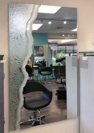 Decorative Mirror showcasing a Frosted Glass Edges Design with Sandblast Etched Glass Art by Sans Soucie Rocky Shores Edge Design