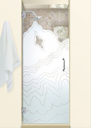 Shower Door showcasing a Frosted Glass Abstract Design with Sandblast Etched Glass Art by Sans Soucie Rugged Retreat Design