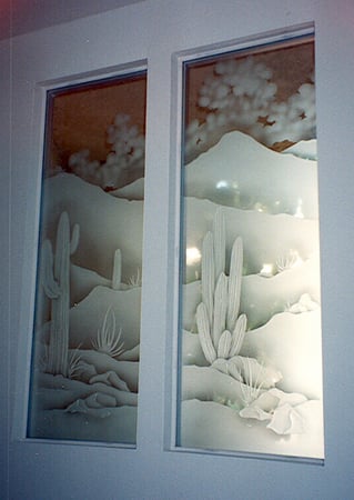 Window with a sandblast Frosted Glass Desert Design Custom-Designed Decorative Etched Glass