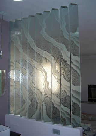 Partition featuring a Frosted Glass Patterns Design Sandblast Etched Glass Shoreline Pattern Design by Sans Soucie