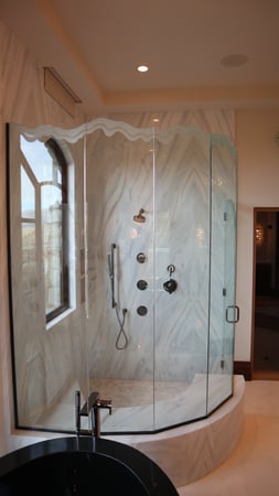 Shower Enclosure with a Frosted Glass Shoreline Thin Edge Edges Design for Not Private by Sans Soucie Art Glass