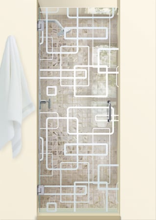 Shower Door showcasing a Frosted Glass Geometric Design with Sandblast Etched Glass Art by Sans Soucie Soft Squares Design