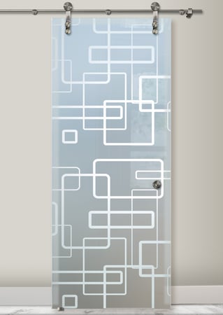 Glass Barn Door showcasing a Frosted Glass Geometric Design with Sandblast Etched Glass Art by Sans Soucie Soft Squares Design