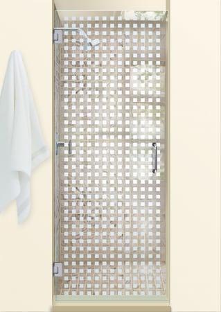 Shower Door featuring Frosted Glass Design Etched Glass by Sans Soucie Art Glass with Custom Geometric Design Squares