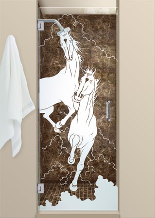 Shower Door featuring Frosted Glass Design Etched Glass by Sans Soucie Art Glass with Custom Western Design Stallions