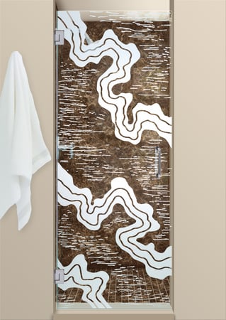 Shower Door with a Frosted Glass Streams Abstract Design for Semi-Private by Sans Soucie Art Glass