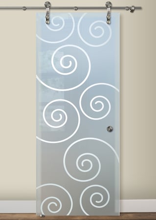 Glass Barn Door with a Frosted Glass Swirls Geometric Design for Semi-Private by Sans Soucie Art Glass
