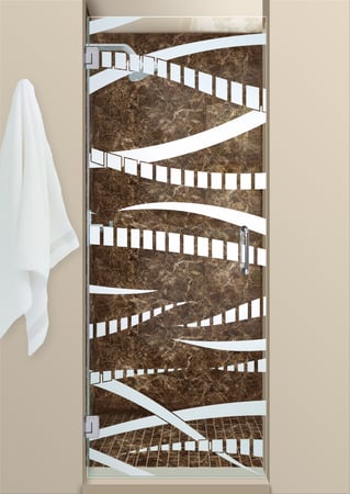 Shower Door with a Frosted Glass Trails Abstract Design for Semi-Private by Sans Soucie Art Glass