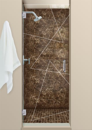 Shower Door featuring Frosted Glass Design Etched Glass by Sans Soucie Art Glass with Custom Geometric Design Triangles Pinstripe