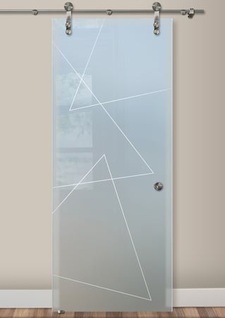 Glass Barn Door featuring Frosted Glass Design Etched Glass by Sans Soucie Art Glass with Custom Geometric Design Triangles Pinstripe
