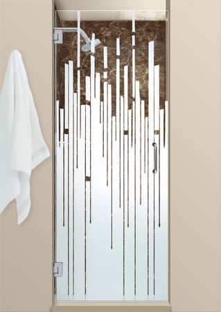 Shower Door showcasing a Frosted Glass Geometric Design with Sandblast Etched Glass Art by Sans Soucie Trickle Design