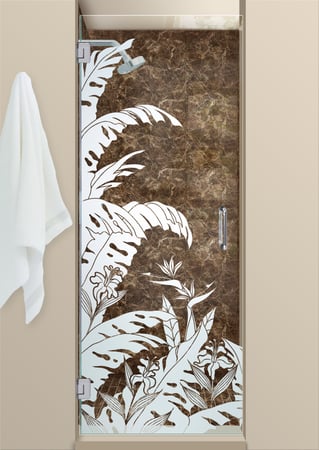 Shower Door with a sandblast Frosted Glass Tropical Design Custom-Designed Decorative Etched Glass