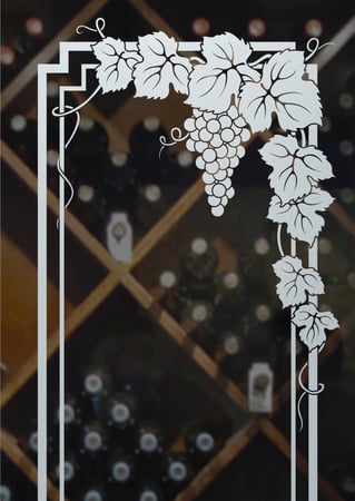 Wine Insert featuring a Frosted Glass Grapes & Ivy Design Sandblast Etched Glass Vineyard Grapes Garland Design by Sans Soucie