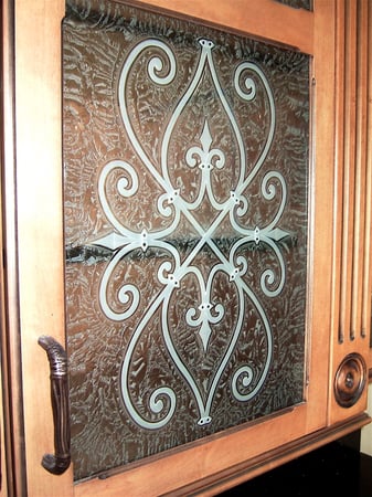 Cabinet Glass with a sandblast Frosted Glass Wrought Iron Design Custom-Designed Decorative Etched Glass