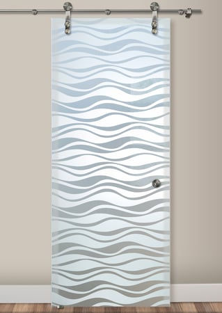 Glass Barn Door featuring Frosted Glass Design Etched Glass by Sans Soucie Art Glass with Custom Patterns Design Wavy