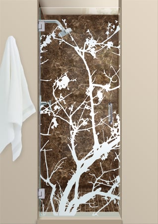 Shower Door with Frosted Glass Asian Wild Cherry Design by Sans Soucie