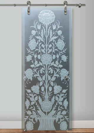 Glass Barn Door with a sandblast Frosted Glass Floral Design Custom-Designed Decorative Etched Glass