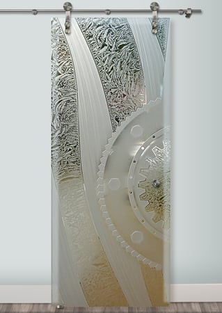 Glass Barn Door with a sandblast Frosted Glass Geometric Design Custom-Designed Decorative Etched Glass