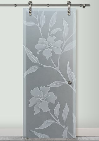 Glass Barn Door with a sandblast Frosted Glass Tropical Design Custom-Designed Decorative Etched Glass