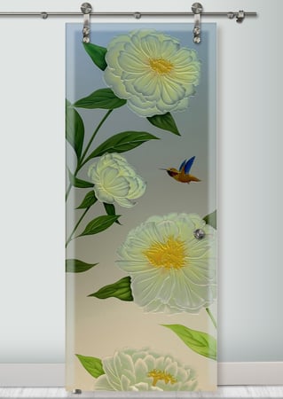 Glass Barn Door showcasing a Frosted Glass Floral Design with Sandblast Etched Glass Art by Sans Soucie Peonies Design