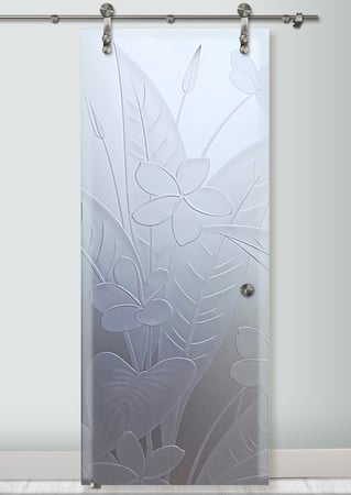 Glass Barn Door featuring a Frosted Glass Floral Design Sandblast Etched Glass Plumeria Design by Sans Soucie