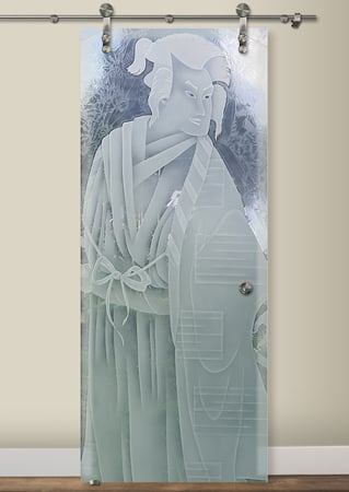 Glass Barn Door featuring a Frosted Glass Asian Design Sandblast Etched Glass Samurai Design by Sans Soucie