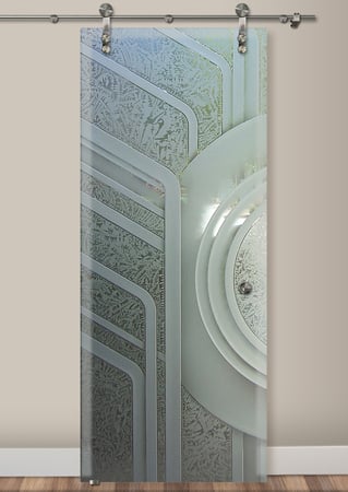 Glass Barn Door with a Frosted Glass Sun Odyssey Curved Geometric Design for Semi-Private by Sans Soucie Art Glass