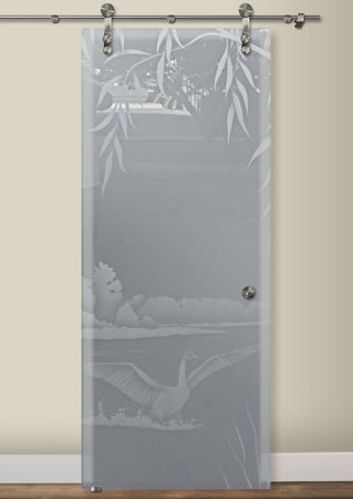 Glass Barn Door featuring a Frosted Glass Wildlife Design Sandblast Etched Glass Swans on the Lake Design by Sans Soucie