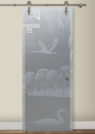 Glass Barn Door with Frosted Glass Wildlife Swans on the Lake II Design by Sans Soucie