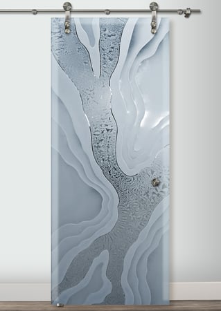 Glass Barn Door showcasing a Frosted Glass Abstract Design with Sandblast Etched Glass Art by Sans Soucie Abstract Liquid Design