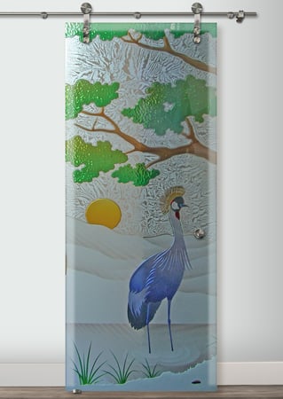 Glass Barn Door featuring Frosted Glass Design Etched Glass by Sans Soucie Art Glass with Custom African Design African Crane
