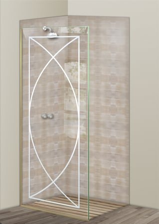 Shower Partition showcasing a Frosted Glass Geometric Design with Sandblast Etched Glass Art by Sans Soucie Arcs Design
