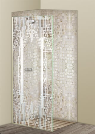 Shower Partition with a Frosted Glass Art Deco Art Deco Design for Semi-Private by Sans Soucie Art Glass