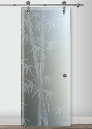 Glass Barn Door with Frosted Glass Asian Bamboo Shoots Design by Sans Soucie