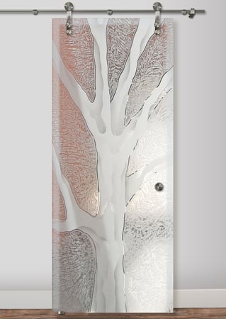 Glass Barn Door showcasing a Frosted Glass Trees Design with Sandblast Etched Glass Art by Sans Soucie Barren Branches Design