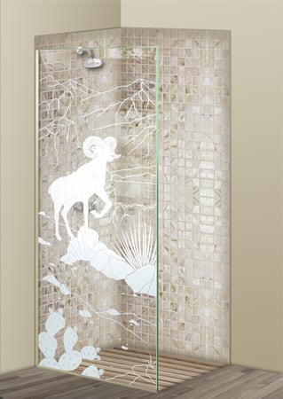 Shower Partition featuring a Frosted Glass Wildlife Design Sandblast Etched Glass Bighorn Design by Sans Soucie