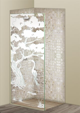 Shower Partition showcasing a Frosted Glass Asian Design with Sandblast Etched Glass Art by Sans Soucie Bonsai Egret Design
