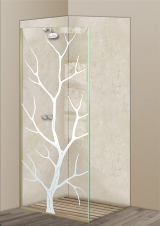 Shower Partition with a Frosted Glass Branch Out Trees Design for Semi-Private by Sans Soucie Art Glass