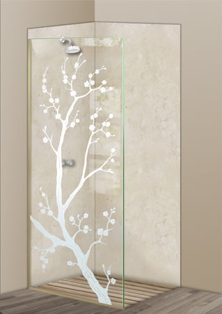 Shower Partition with Frosted Glass Asian Cherry Blossom Design by Sans Soucie