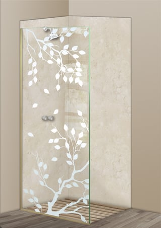 Shower Partition showcasing a Frosted Glass Asian Design with Sandblast Etched Glass Art by Sans Soucie Cherry Tree Design
