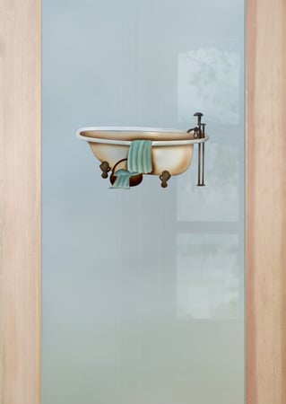 Bathroom Door with a sandblast Frosted Glass Whimsical Design Custom-Designed Decorative Etched Glass