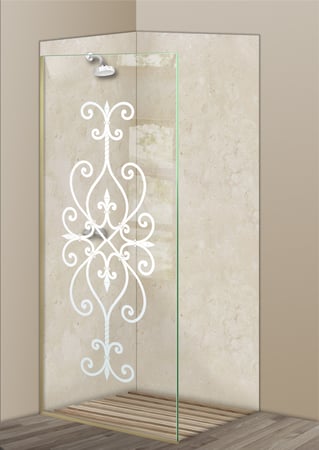 Shower Partition with a sandblast Frosted Glass Wrought Iron Design Custom-Designed Decorative Etched Glass