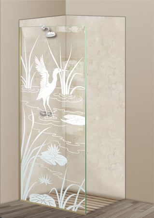 Shower Partition showcasing a Frosted Glass Wildlife Design with Sandblast Etched Glass Art by Sans Soucie Cranes A Design