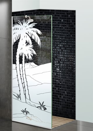 Shower Partition with a sandblast Frosted Glass Palm Trees Design Custom-Designed Decorative Etched Glass