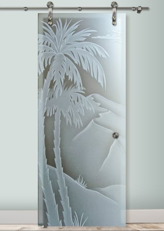 Glass Barn Door with a sandblast Frosted Glass Palm Trees Design Custom-Designed Decorative Etched Glass