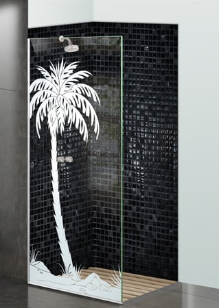 Shower Partition with a sandblast Frosted Glass Palm Trees Design Custom-Designed Decorative Etched Glass