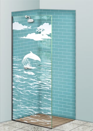 Shower Partition featuring Frosted Glass Design Etched Glass by Sans Soucie Art Glass with Custom Oceanic Design Dolphins in the Shimmer