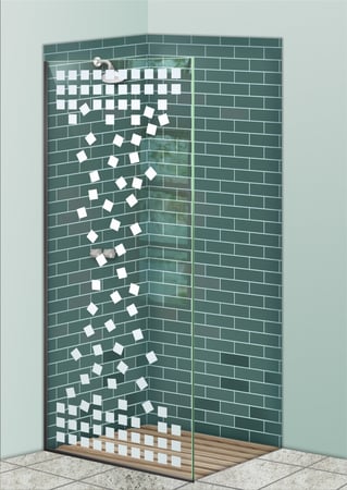 Shower Partition showcasing a Frosted Glass Geometric Design with Sandblast Etched Glass Art by Sans Soucie Falling Squares Design